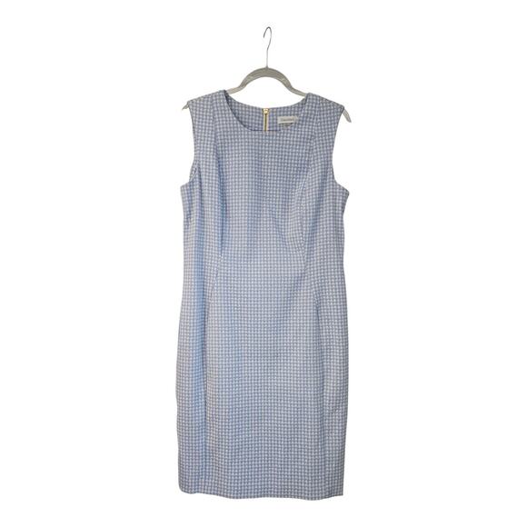 CALVIN KLEIN DRESS Size 14 Blue White Gingham Sleeveless Gold Exposed Back Zip - Picture 1 of 7